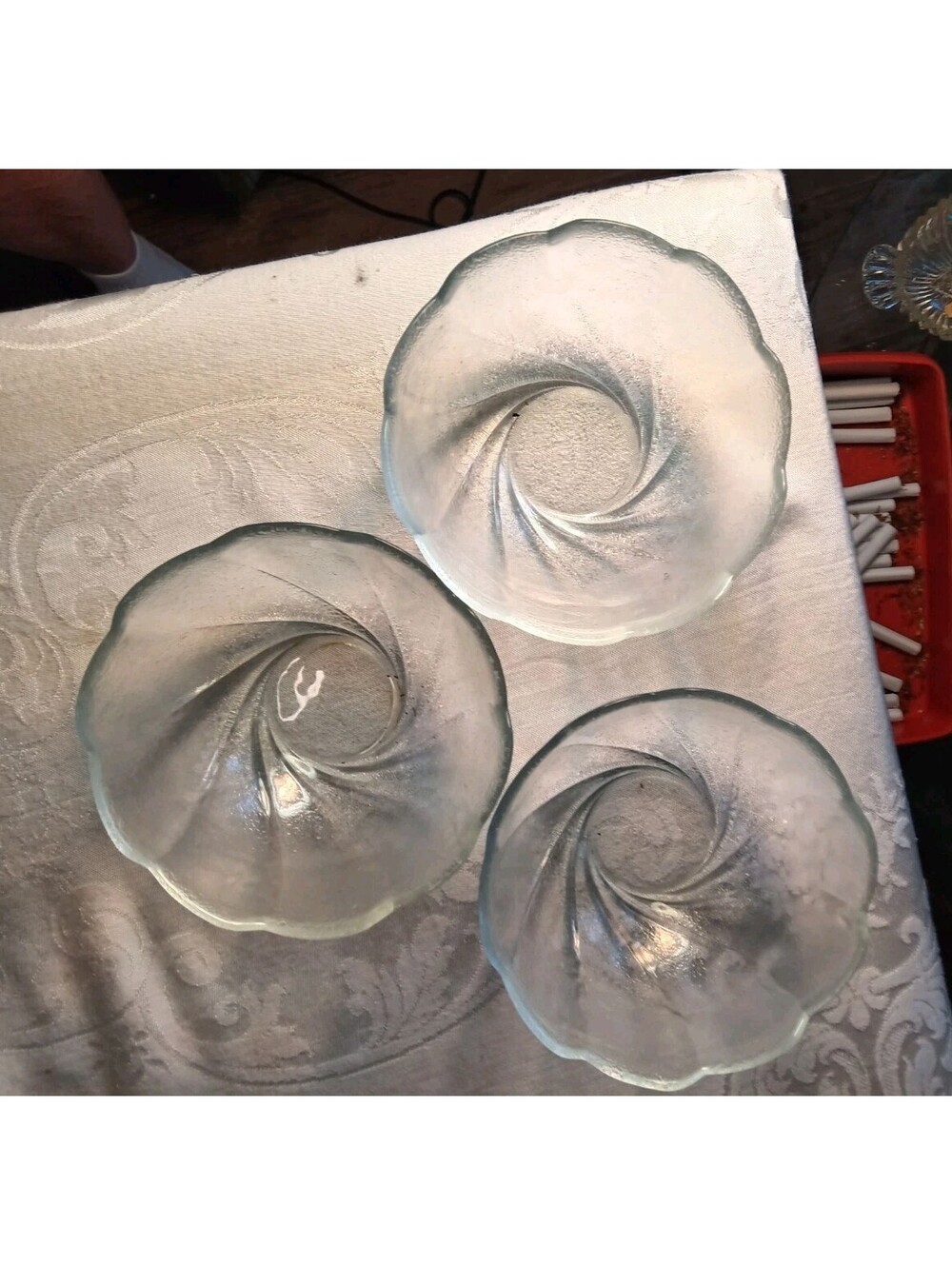 Vintage KIG Indonesia Clear Glass Swirl Bowls 5" Scalloped Edge - Set of 3